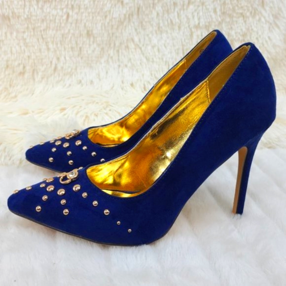 * Mona Mia 4.5" Faux Suede Pumps With Studded Decor